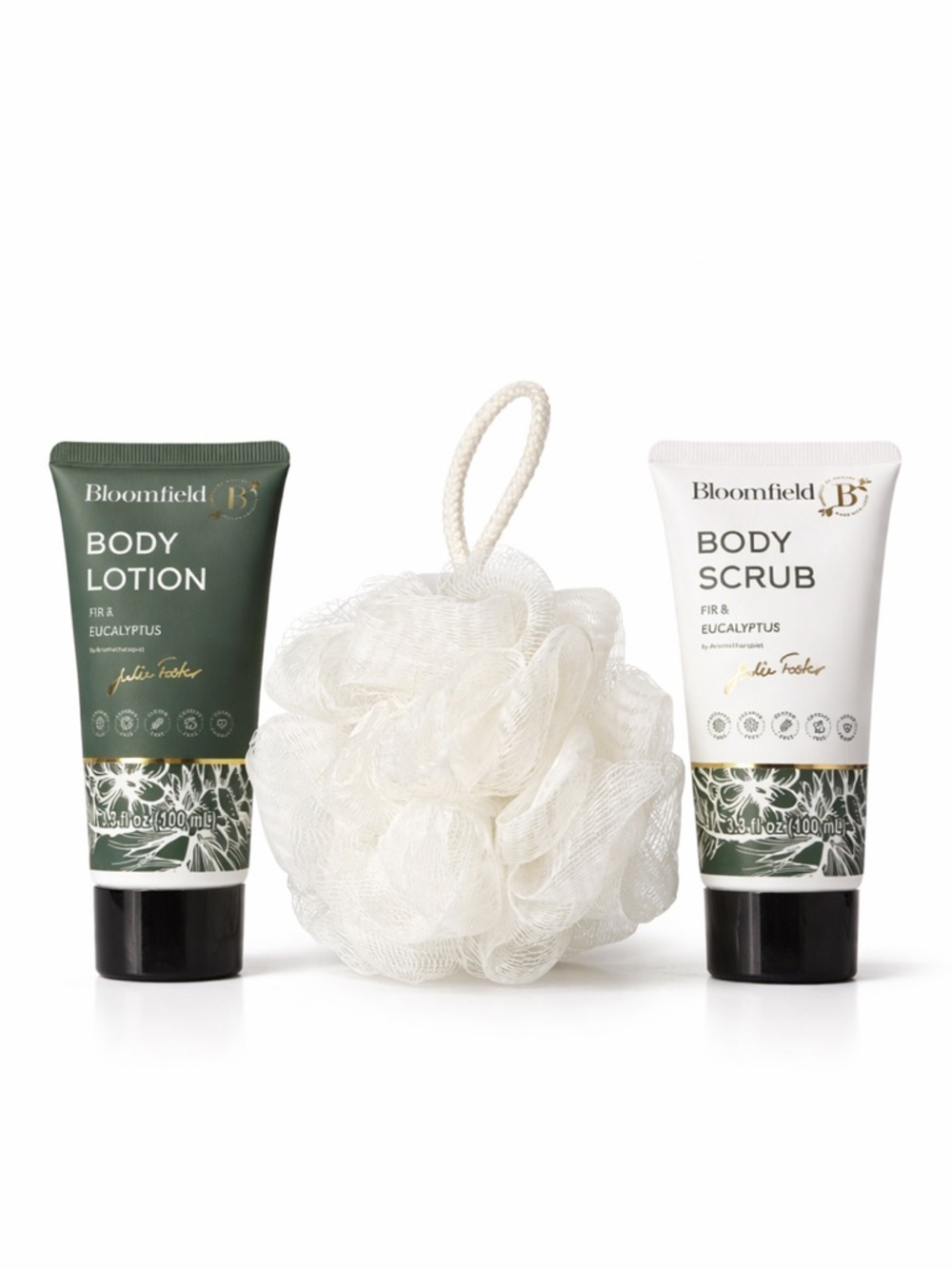 SEALED Bloomfield Fir & Eucalyptus Body Lotion and Scrub Set in Green and Cream